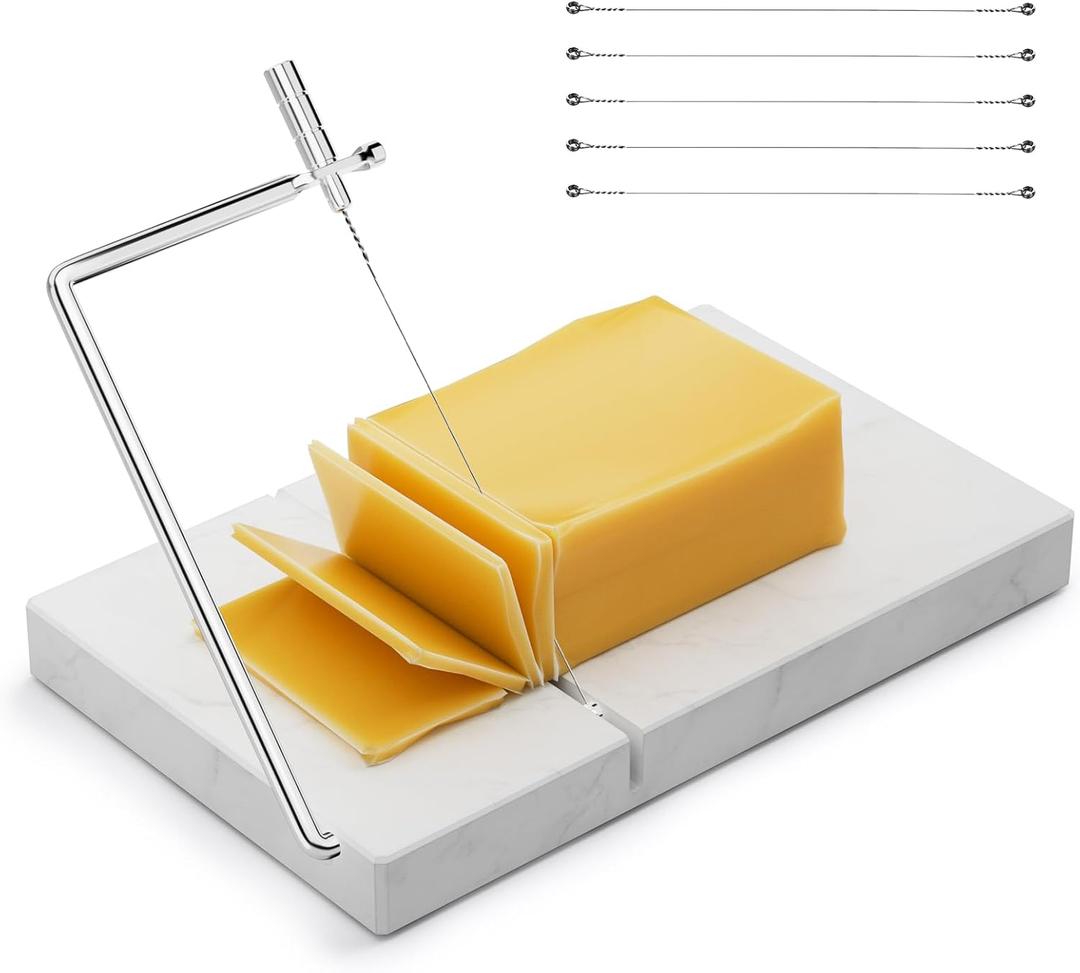 TOPULORS Cheese Slicer with 5 Replacement Upgrade Thick Cutting Wires - Heavy Duty 5"x8" Handheld Marble Board Cutter for Block Cheese, Butter - Kitchen Gadget Slicers Tool - White