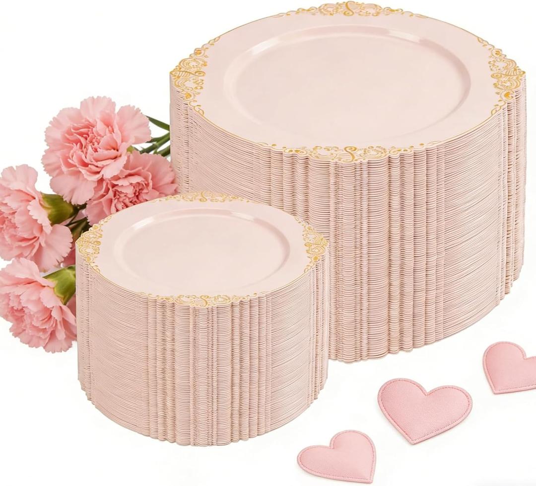 200PCS Pink and Gold Plates - Pink Plastic Plates - Fancy Disposable Plate with Gold Rim - Vintage Wedding Dinner & Dessert Plate for 100 Guests for Wedding & Bridal Shower & Mother's Day (7.25/10inch)