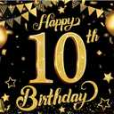 KatchOn, Gold Happy 10th Birthday Banner - Large, 72x44 Inch | Glitter Backdrop For Happy 10th Birthday Decorations | Black and Gold Party Decoration