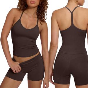 SUUKSESS Women Sexy Racerback 2 Piece Workout Sets V Neck Y Back Padded Sports Bra High Waisted Shorts with Pockets(Dark Brown, M)