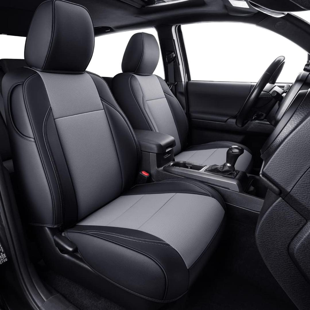 LUCKYMAN CLUB Tacoma Custom Fit Seat Covers for 2024 2025 Tacoma Crew Cab with Faux Leather (Black & Gray) ((2024-2026 Crew) Full Set)