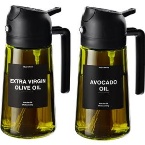 CXINYI - 16oz/470ml Olive Oil Dispenser for Kitchen with Stickers - 2 in 1 Olive Oil Sprayer for Cooking, Air Fryer, and Salad, 2 Black (Light-Proof Kitchen Gadget)
