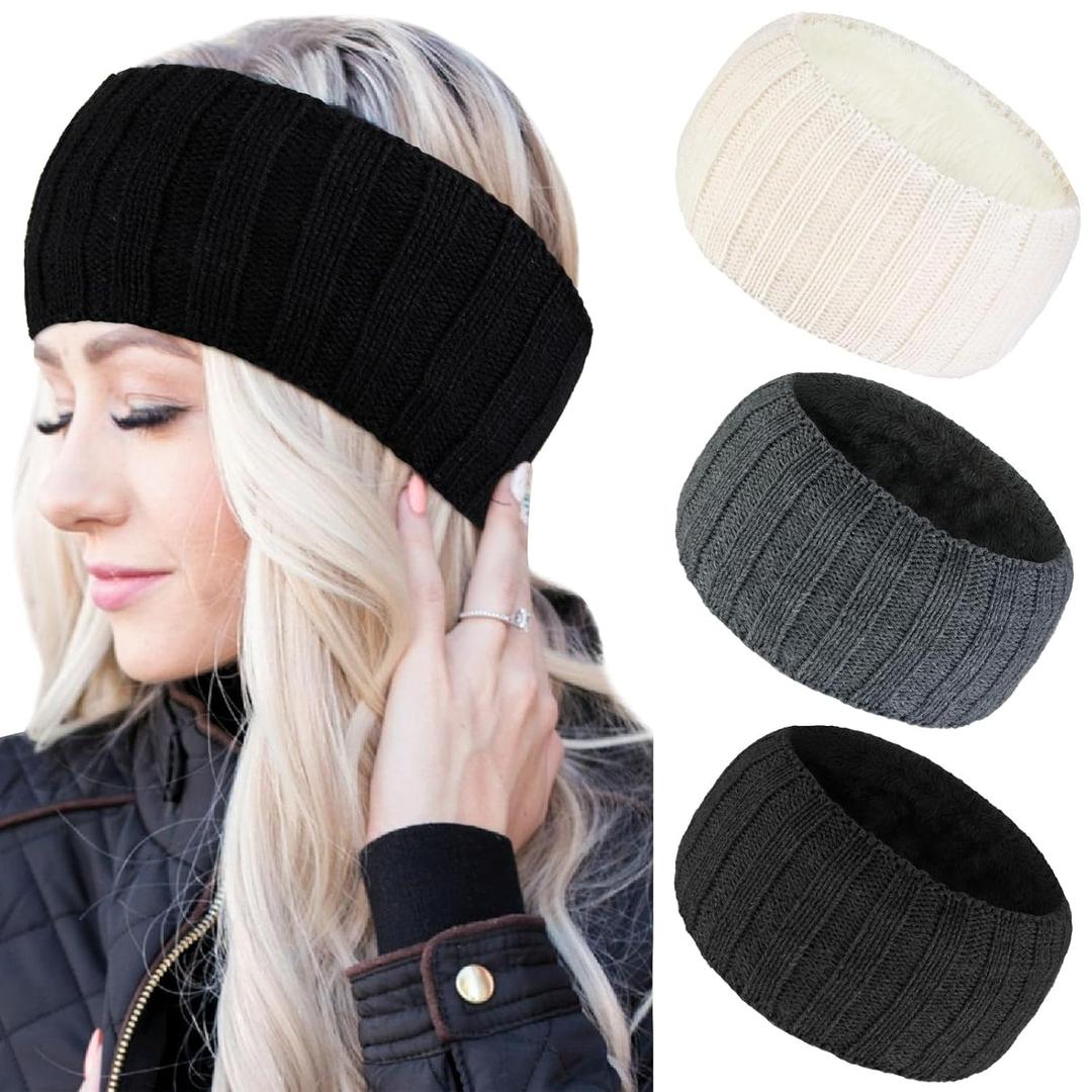 AKTVSHOW Winter Headbands for Women Ear Warmers, Women Wool Headband Fleece Lined, Cold Weather Warm Ear Muffs Thick Knitted Winter Accessories (3 Pack, White, Gray, Black)