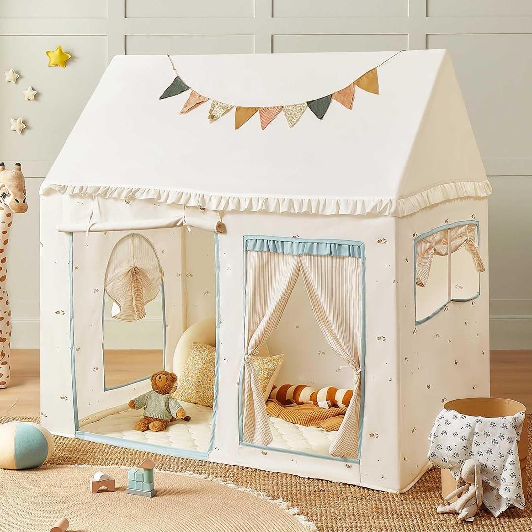 Tiny Land Kids Tent with Mat, Kids Play Tent for Toddlers, Playhouse for Kid Indoor, Ideal Toy Gift for 3+ Boys, Play Room Furniture (Blue and Off-white)