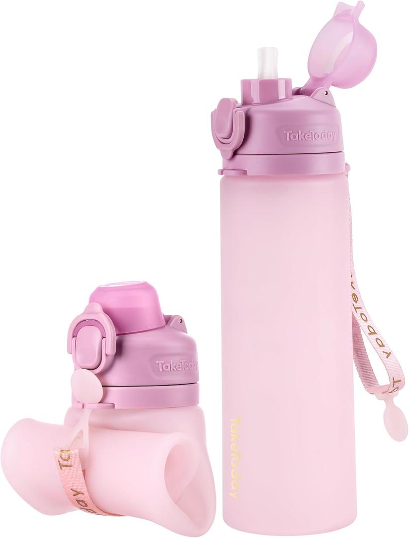 Collapsible Water Bottles 20oz, Leak Proof, BPA-Free, Foldable Silicone Travel Water Bottle with Straw Strap for Cycling, Hiking, Outdoors (Mauve)