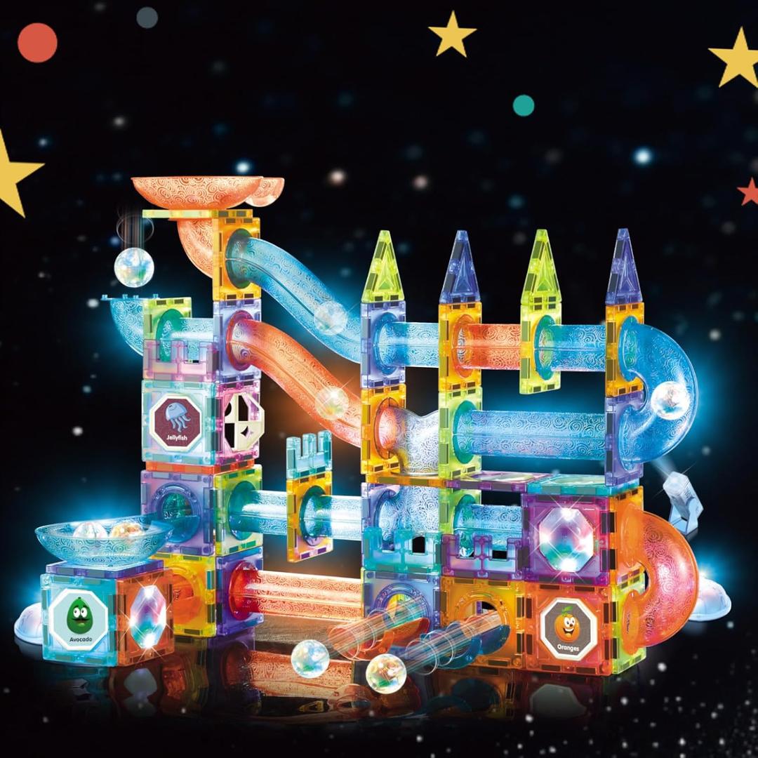 Magnetic Tiles Building Blocks Toys for Kids,144 PCS Magnet STEM Construction Set with LED Lights & Marble Run | Educational Learning Creative Gifts for Kids Ages 5-12 Boys and Girls