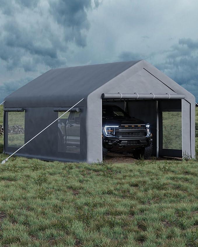 Garvee 10x20 ft Portable Garage, Car Port with 200 g PE Tarp Canopy, with 2 Roll-Up Doors and 4 Windows, for Temporary Paint Booth, Boats & Pickups Shed, and Event Shelter, Gray