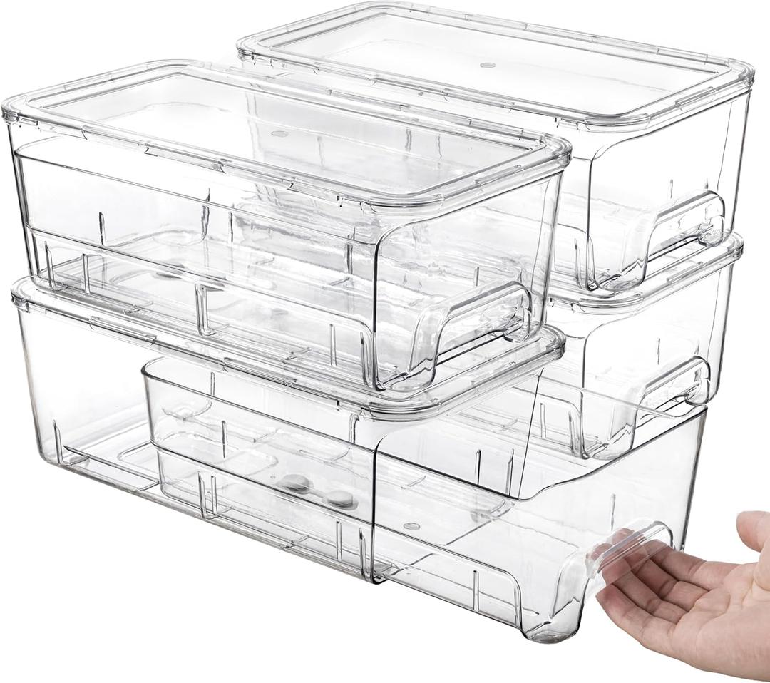 Audend Clear Stackable Storage Bins with Lids, 4 Pack Plastic Storage Containers with Handle for Pantry and Snack Organizers, Suitable for Kitchen, Bathroom, Fridge, Cabinet