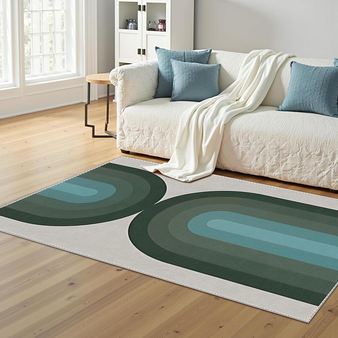 Boho Rainbow Green Rug, 3x5 Rug Non Slip Ultra-Thin Soft Bedroom Rugs for Entryway, Indoor Washable Stain Resistant Rug, Lightweight Low-Pile Carpet for Nursery Bath Laundry