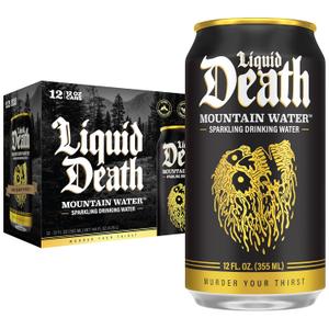 Liquid Death Sparkling Mountain Water, Real Mountain Source, Ice-Cold Cans, Infinitely Recyclable, 12 Fl Oz (Pack of 12) BBD: 7/07/28
