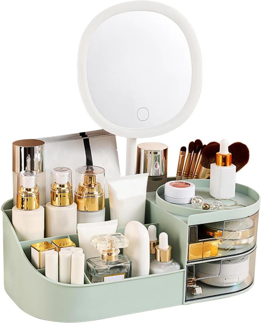 DASITON Makeup Organizer with Rechargeable Mirror,Makeup Brush Holder with 2 Drawers,Skincare and Cosmetics Organizer Countertop,Large Capacity Cosmetic Display Case for Vanity,Bedroom,Bathroom(Green)