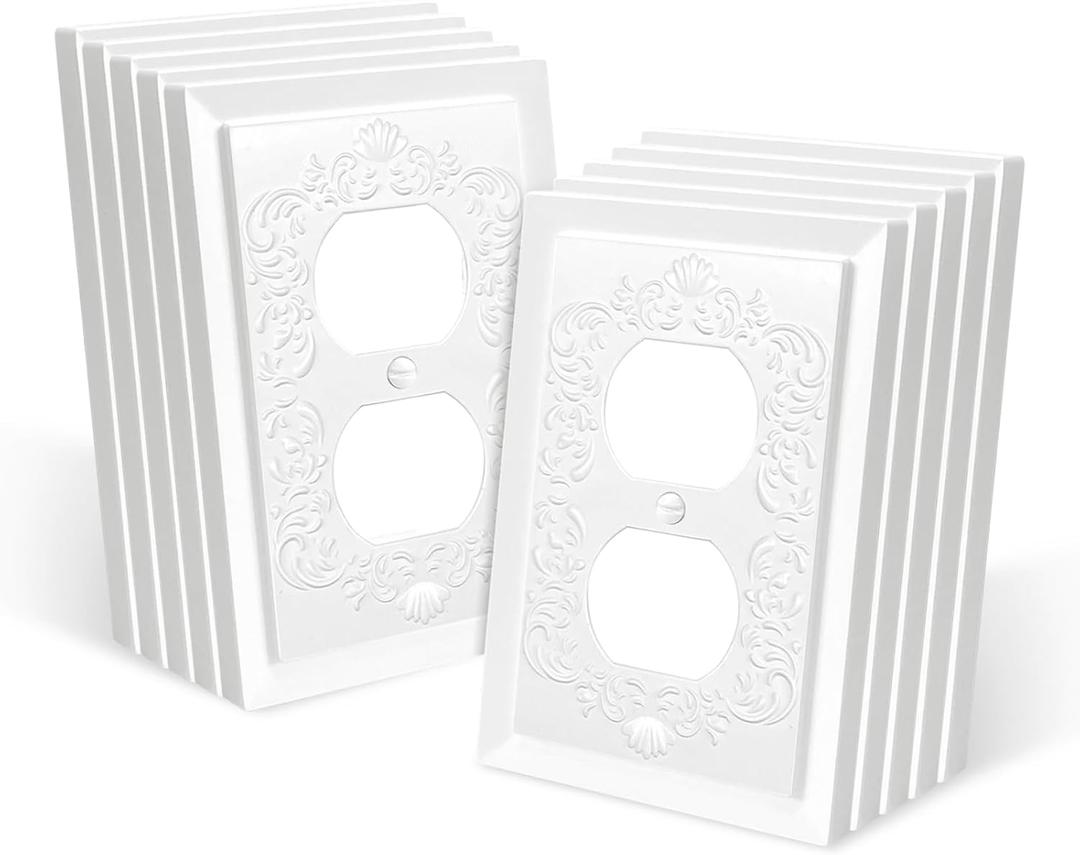 Petal Relief Design Classic Style White Modern Decorative Outlet Covers Wall Plates, Duplex Electric Receptacle Light Switch Cover, Mid-Size 4.9 x 3.1 inch(10-Pack Single Duplex)