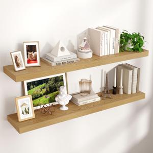 Floating Shelves for Wall, 48"W x 9"D x 1.5"H, 2 Pack of Long Wall Mounted Engineered Wood Shelves with Invisible Brackets for Living Room, Bedroom, Bathroom, Kitchen Decor and Storage, Oak