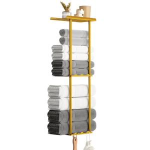 Towel Racks for Bathroom, 36.6 inch Metal Towel Storage, 8 Large Bath Towels Capacity, 3-Tier Towel Holder for Bathroom, with Shelf & 6 Hooks, Wall Mounted Towel Rack for Rolled Towels, Gold