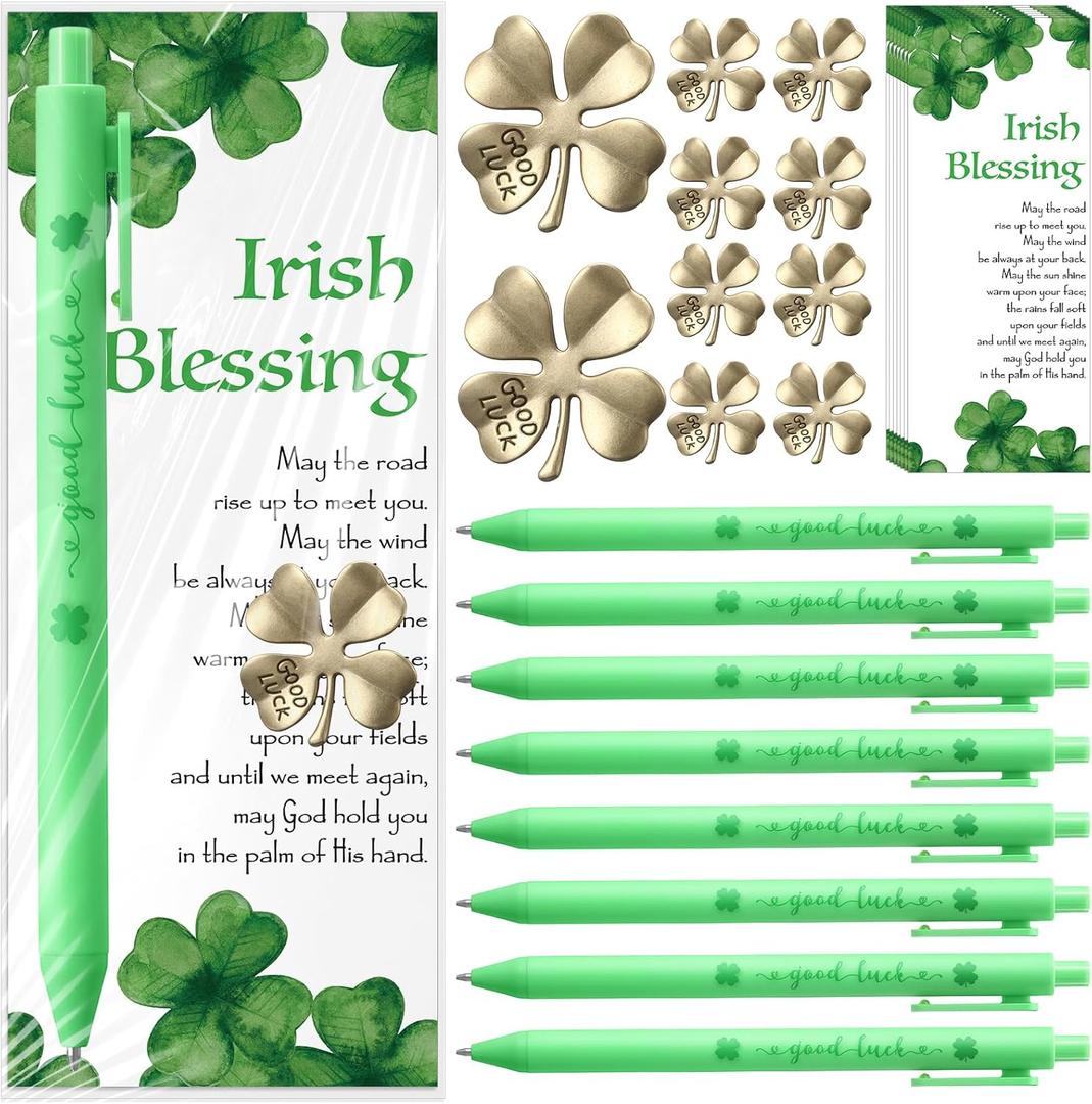 Marspark 30 Sets St. Patrick's Day Gifts Bulk Good Luck Tokens Luck Charms Green Pens and Irish Blessing Poem Cards Irish Party Favors for Family Coworkers Teachers (Bronze)