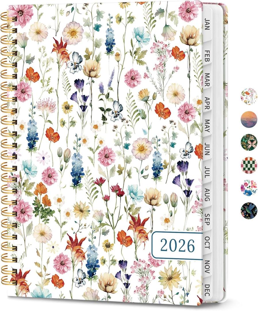 2026 Planner, Weekly and Monthly Calendar Planner for Women, Jan 2026 - Dec 2026, Hardcover Planning Agenda Book with Tabs, Spiral Bound, Inner Pocket, Perfect for School Office Supplies, 6.3" x 8.5" - Wildflowers