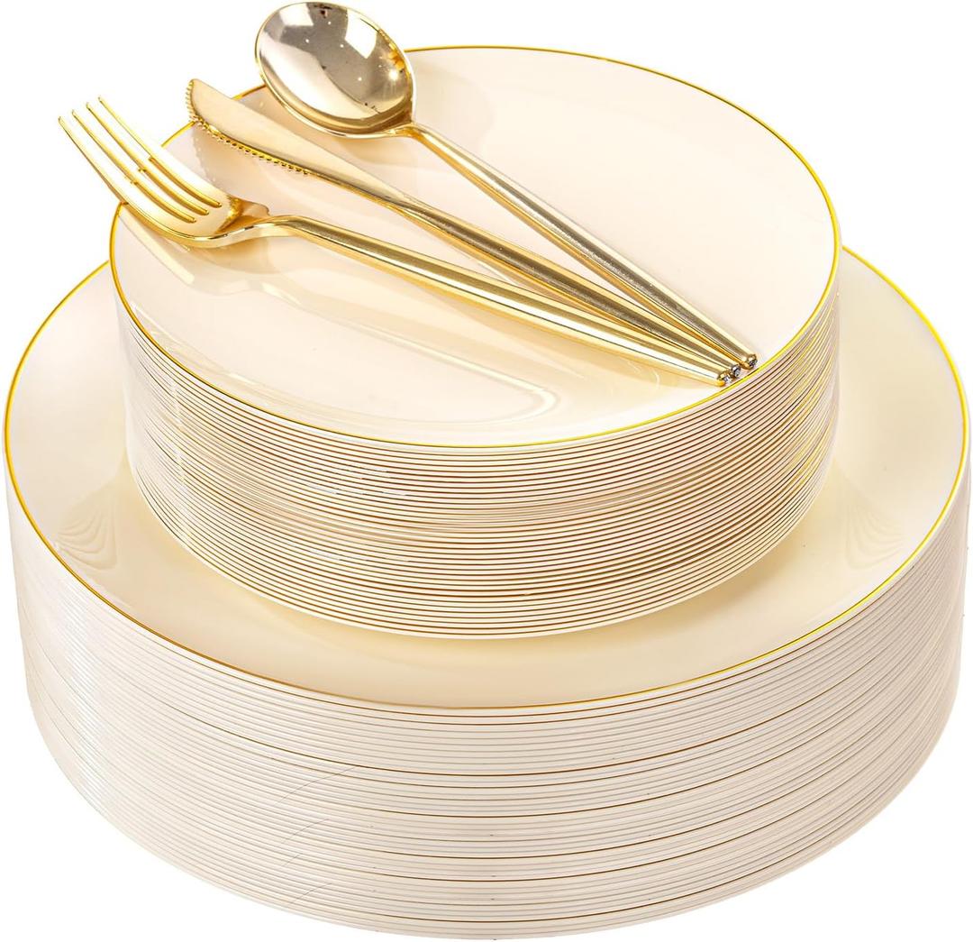 I00000 150Pcs Ivory Plastic Plates with Gold Rim,Nice Disposable plates,Gold Plastic Plates,Ivory Disposable Plates Set include 30 Dinner Plate,30 Dessert Plate,90 plastic Silverware Set for Party