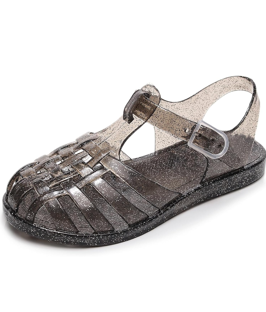 Jelly Shoes for Toddler Girls Summer Beach Retro Jellies Sandals T-Strap Slingback Little Kids Glitter White Size 27 Soft Closed Toe Princess Dress Flat