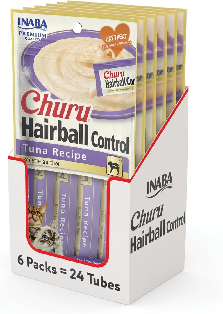 INABA Churu Hairball Control, Functional, Creamy Lickable Pure Cat Treat with Taurine & Vitamin E, 0.5 Ounces Each, 24 Tubes (4 per Pack), Tuna Recipe