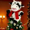 Cow Christmas Tree Topper with Red Scarf, 9In Stuffed Animal Tree Topper, Black and White Tree Topper for Country Farm Home Indoor/Outdoor Winter Holiday Birthday Party Favor Gift Christmas Tree Decor