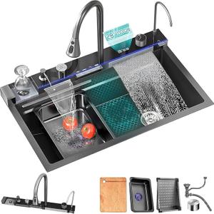 Black Kitchen Sink 304 Stainless Steel Undermount/Drop In Waterfall Single Bowl Kitchen Workstation Sink with Pull-Out Faucet & Accessories (Whale, 33.5inch)