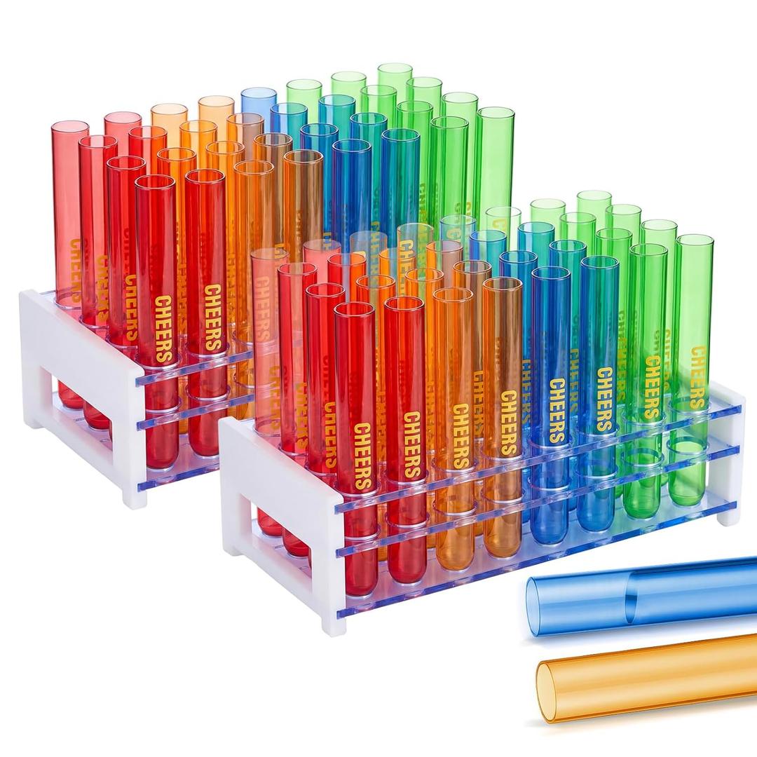 FoldTier 80 Pcs Neon Plastic Test Tube Shots, 16 x 125 mm (12 ml) Assorted Colors Shot Tubes for Liquor Candy Cocktail Storage Container for Birthday Bar Wedding Halloween Party Favors Supplies