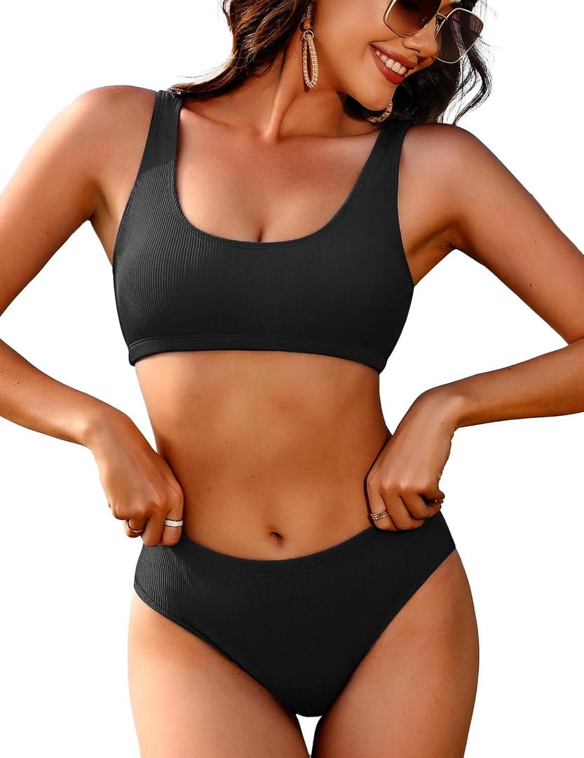 AI'MAGE Women Ribbed Bikini Sets Sporty Swimsuits Scoop Neck Two Piece Bathing Suits High Cut Bikini, M