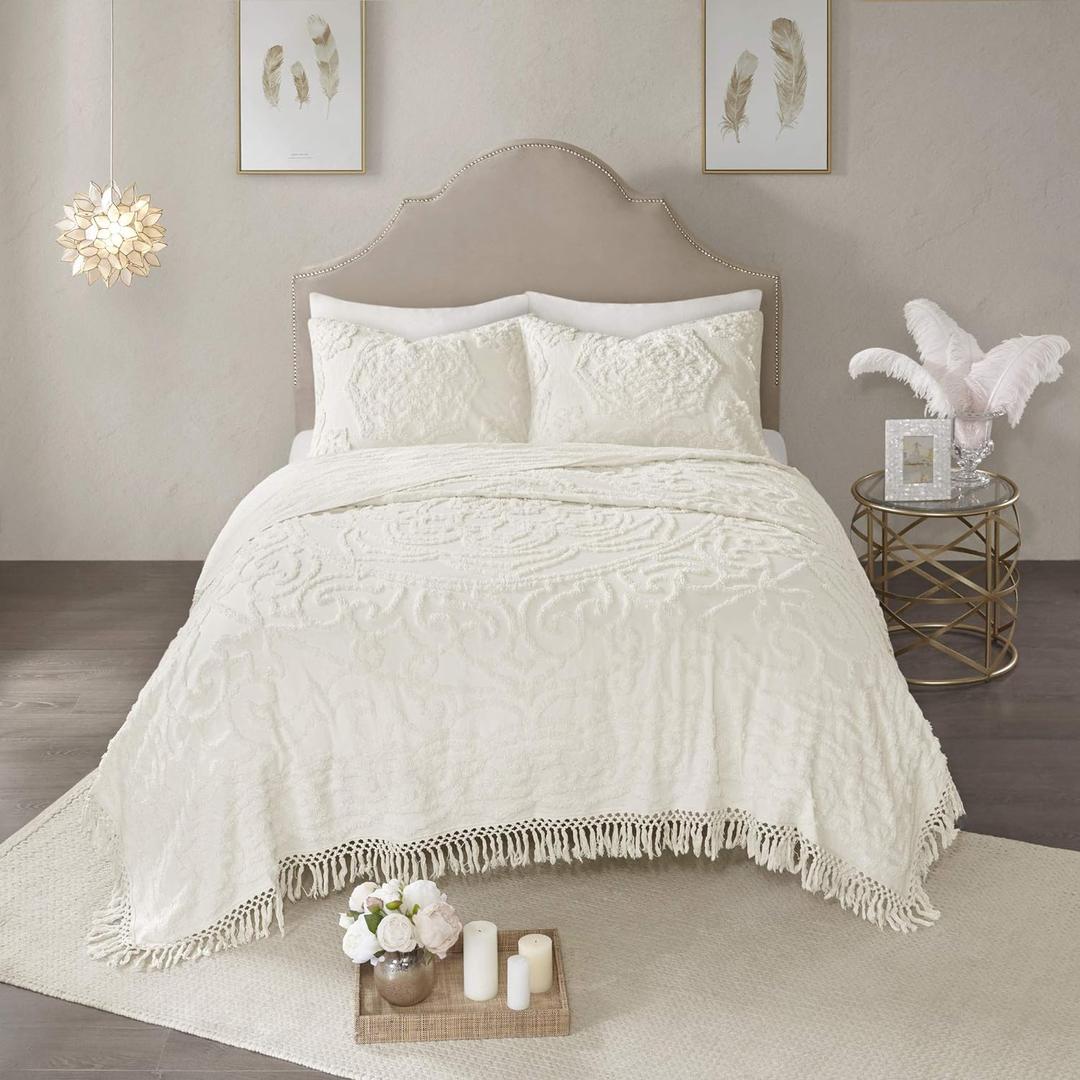Madison Park Laetitia Lightweight 100% Cotton Quilt Set, Breathable Chenille Tufted, Shabby Chic Boho Medallion Design, Sham, Floral Ivory w/ Tassels, Full/Queen (90 in x 90 in) 3 Piece