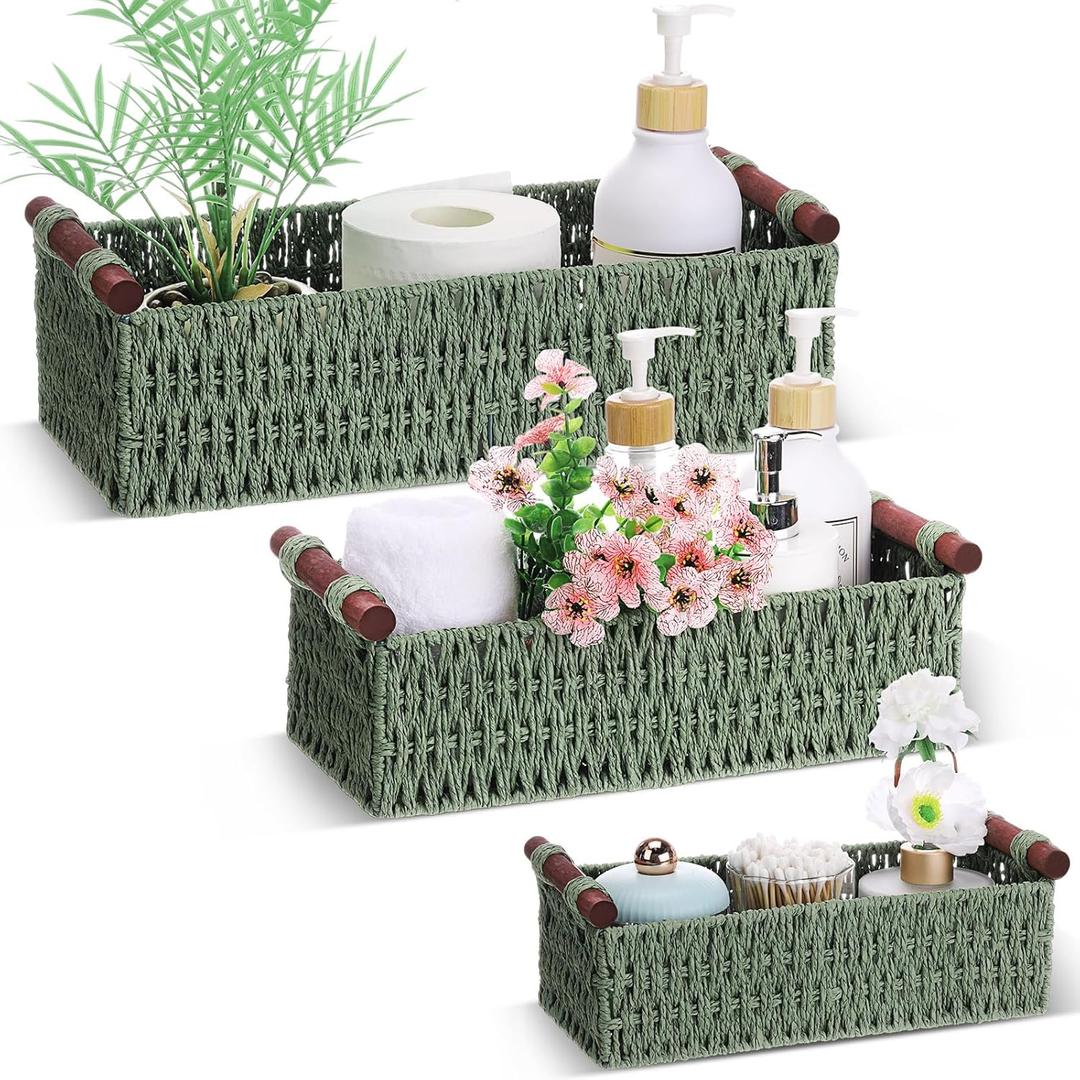 Boao 3 Pcs Boho Storage Wicker Baskets Handmade Woven Decorative Paper Rope Baskets for Organizing with Handle Countertop Toilet Paper Storage Container for Toilet Tank Top (Green)