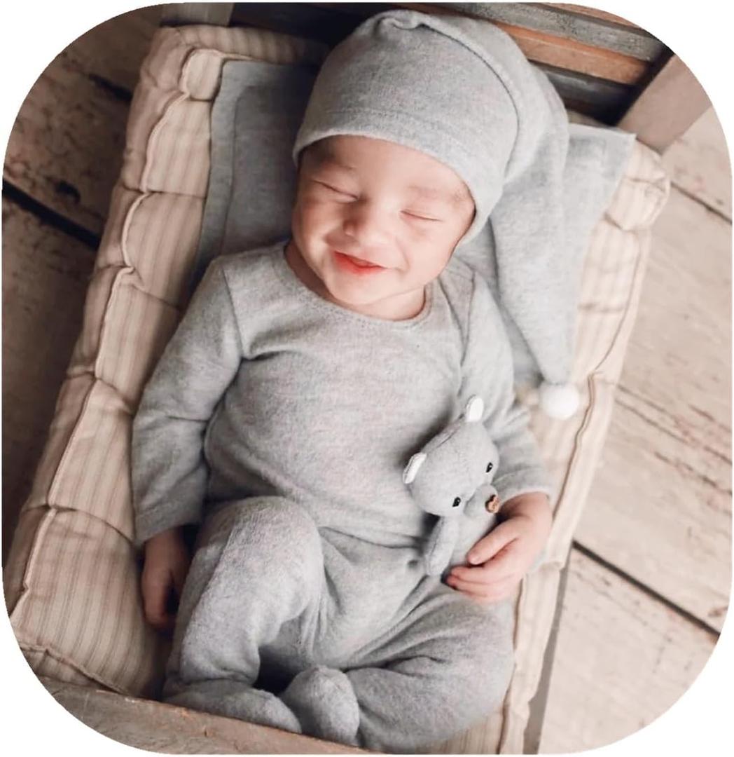 Vemonllas Newborn Photography Props Boy Girl Newborn Baby Photoshoot Outfits Footed Romper Sleepy Cap Infant Photo Posing Set