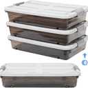 4 Pcs Plastic Under Bed Storage Containers with Lid Wheel Handle, Transparent Large Capacity Stackable Latching Storage Bins for Closet Bedroom Clothes Shoes (Brown,23.7 x 15.8 x 5.2)