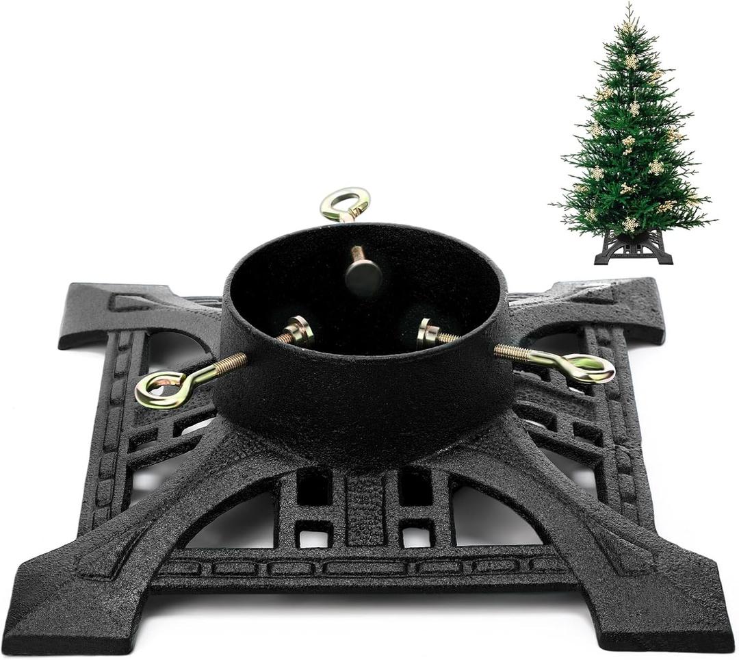 Huwena Christmas Tree Stand with Water Reservoir 8ft Christmas Tree Holder Real Xmas Artificial Trunks Stand Fits Up to 5" Pine Holder Base Cast Iron for Xmas Rustic Decoration Square (Black,Vintage)