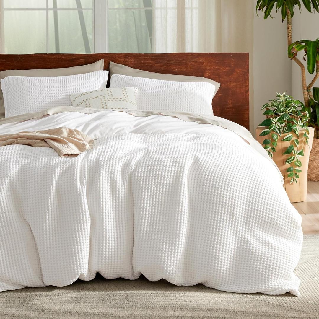 Bedsure Cooling Waffle Duvet Cover King - Cotton Blend Rayon Derived from Bamboo Duvet Cover Set for Hot Sleepers, Breathable Bedding Set With a Vintage Charm, 3 Pieces (Coconut White, King, 104"x90")