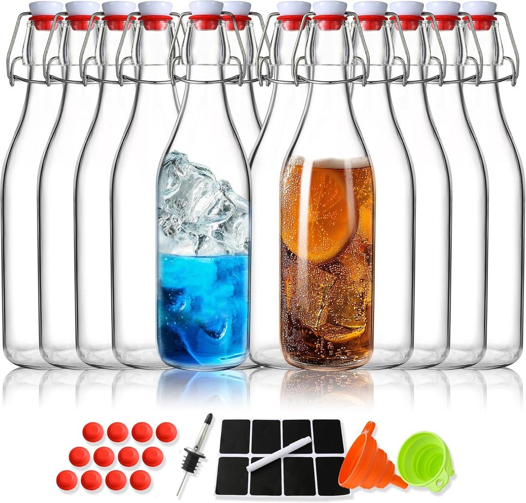 Leetaltree 12 Pack 16OZ Swing Top Glass Bottles Set, Brewing Glass Bottles with Airtight Lid, Flip Top for Kombucha, Beverages, Beer, Oils-With Gaskets, Pourers, Etc