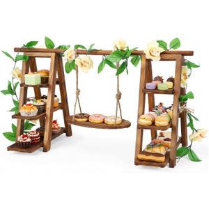 3 Tier Wooden Cupcake Stand with Swing & Flower Decor, Dessert Table Display Set with Removable Trays for Cake Fruit Snack Bread, Rustic Foldable Ladder Stand for Party, Birthday, Wedding & Events