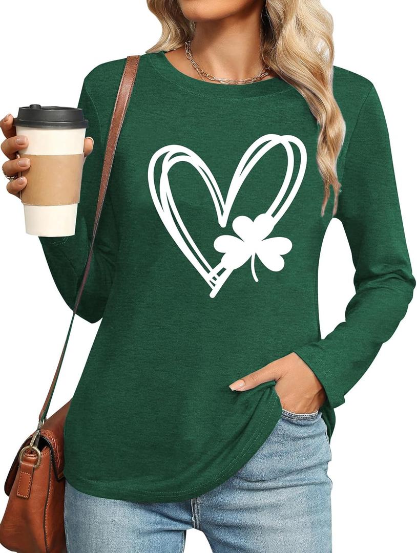 St Patricks Day Shirt Women Lucky Shmrock Shirts Cute Saint Patricks Day Green Clover Long Sleeve Blouse Tops (Large)