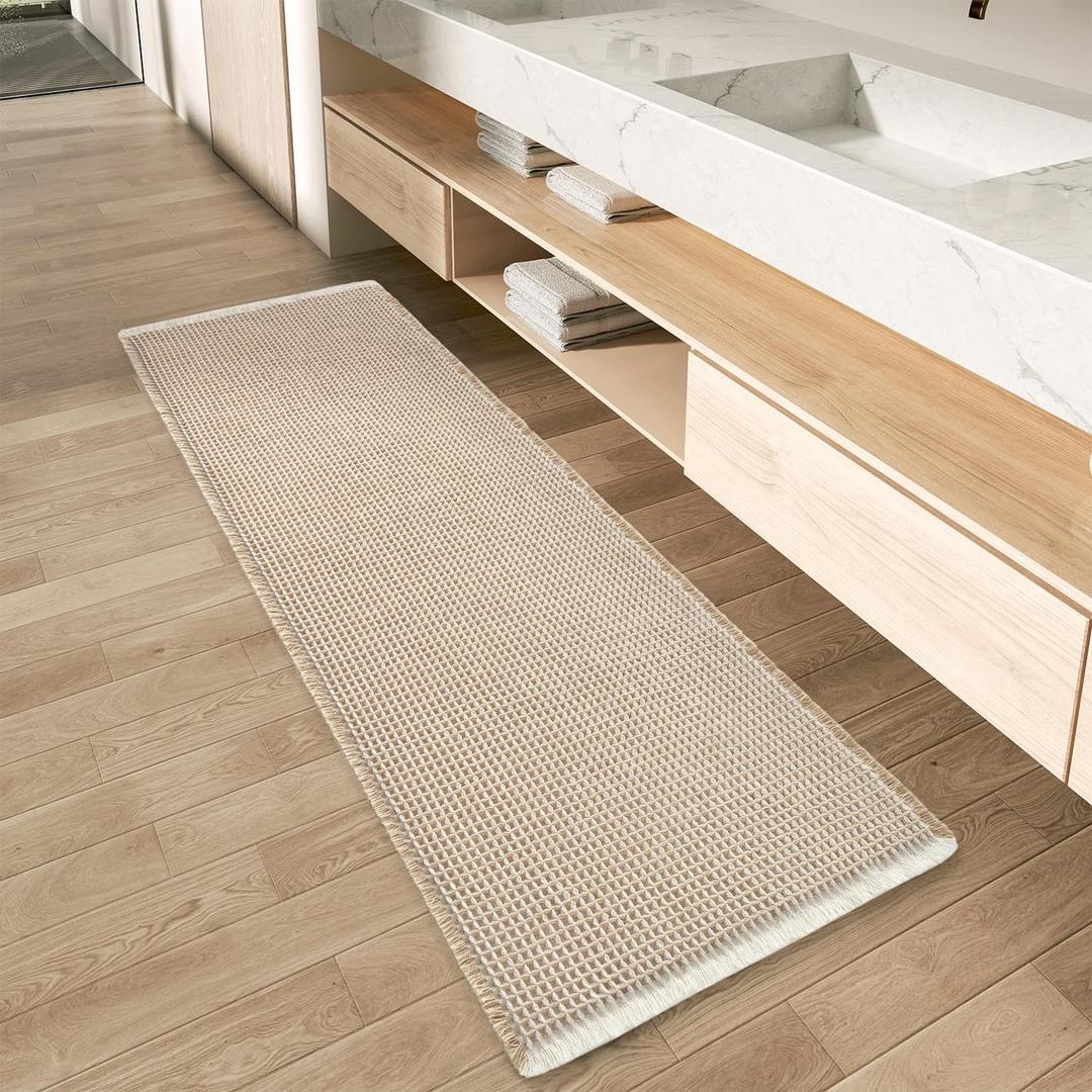 AMOAMI Upgraded Waffle Runner Rug Super Absorbent Non Slip Bath Mats for Bathroom Machine Washable Bathroom Runner Rug with Tassels, Ideal for Hallway Bedroom Laundry Room, Brown&Cream, 17" x 72"