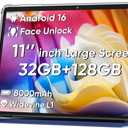 Android 16 Tablet 11inch, Face Unlock, 18W Fast Charging, 32GB+128GB+1TB Expand, Octa-core CPU, 8000mAh Large Battery, WiFi6, Touchscreen Display, Widevine L1 Tableta, Blue