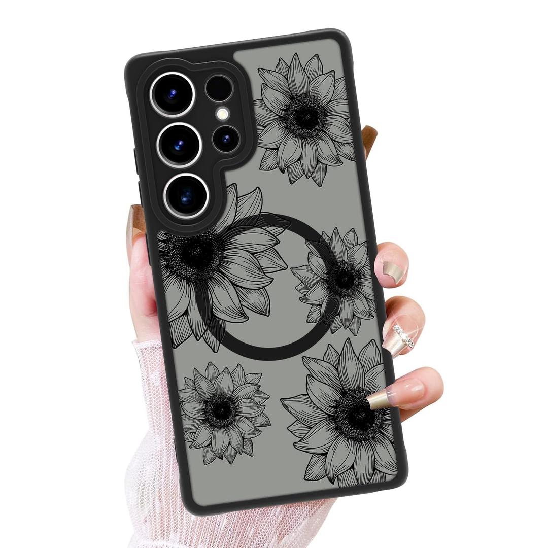 OOK Frosted Magnetic Case for Samsung Galaxy S25 Ultra, Black Sunflower