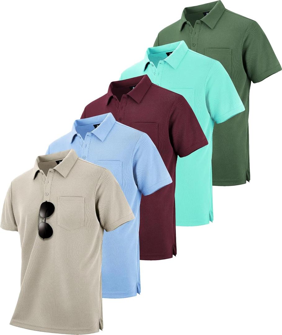 SCODI 5 Pack Mens Pocket Polo Shirts Short Sleeve Multipack Golf Shirt for Men Moisture Wicking Casual Athletic Work T-Shirts (X-Large)