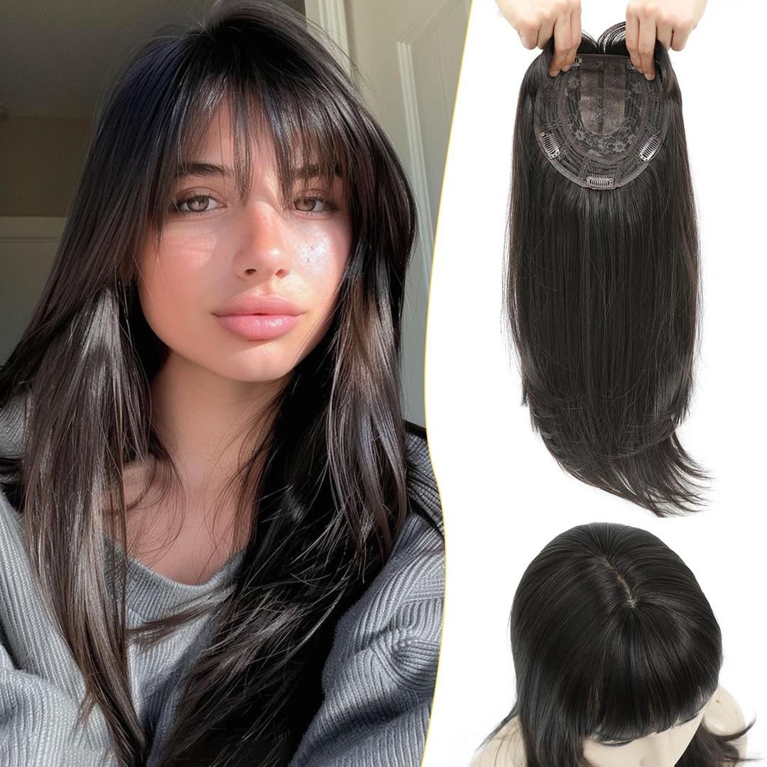 PANEWAY Hair Topper With Bangs 6.5 6.5 Large Base 18inch Long Straight Layered Premium Synthetic Toppers for Women With Thinning Hair-Dark Brown