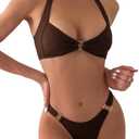 SKAYS Women's Sexy Two Piece Bikini Sets Triangle Swimsuits Ribbed Halter Ring Stylish High Cut Thong Swimwear Bathing (Medium, Coffeebrown)