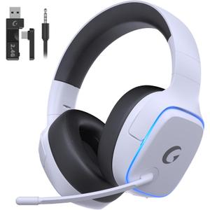 2.4GHz Wireless Gaming Headsets for PS5, PS4, PC, Switch - Bluetooth 5.3 Gaming Headphones with Noise Canceling Mic, 7.1 Surround Sound, 70H Battery, Blue Lighting - White