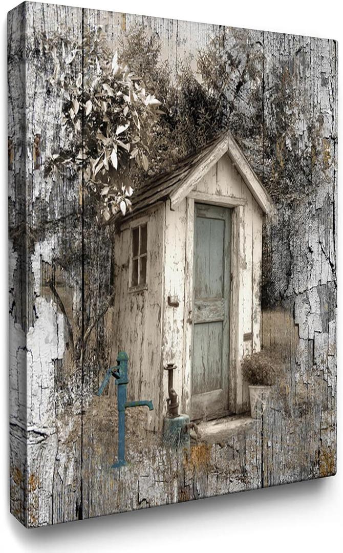 Luslya Farmhouse Outhouse Wall Art Vintage Outhouse Theme Painting Farmhouse Wall Decor Framed Poster Home for Living Room Bedroom Bathroom Decoration 16x24 inch