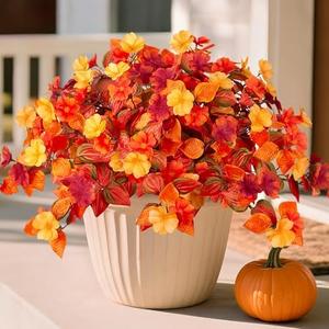 Fall Fake Flowers Artificial for Outdoors Decoration, 4PCS Faux Hibiscus Flowers for Outside Planters, Realistic Silk Autumn Plants with UV Resistant No Fade for Home Porch Garden Balcony Yard Decor