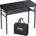 Anbte Folding Camping Table with Storage Net, 3ft Camping Table Aluminum Folding Table with 3 Adjustable Height Max 27.5 Inch Picnic Table Portable Table for Outdoor Backyard BBQ, Pure Black