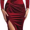 vintys Long Sleeve Bridesmaid Dress 2025 High Split Velvet Maxi Formal Evening Dress VS115 (6, Wine Red)