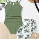 KANGKANG Girls Swimsuit Quick Dry Cut Out One Piece Swimsuits with Tropical Print Cover Up Skirt Bathing Suit Swimwear 13-14Y