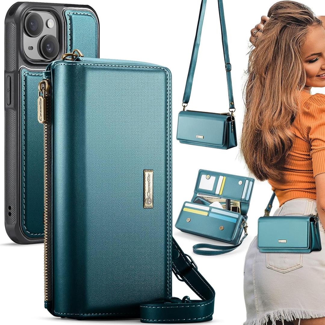 CaseMe 2-in-1 Detachable for iPhone 15 Crossbody Wallet Case with RFID Blocking 10-Card Holder for Woman, PU Leather Wrist Strap Zipper Handbag Purse Wallet Phone Case for iPhone 15 6.1", Blue Green