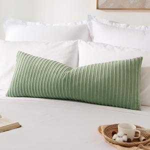 Kevin Textile 14x36 Inch Long Lumbar 1 Pack Spring Plush Striped Corduroy Throw Pillow Cover Velvet Accent Decorative Long Body Rectangle Cushion Case for Living Room Couch Sofa Bed, Sage Green